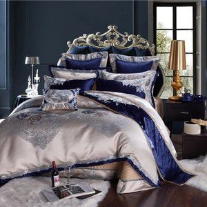 10 Pcs King Blue and Silver Luxury Silk Cotton Jacquard Duvet Cover Bedding Set
